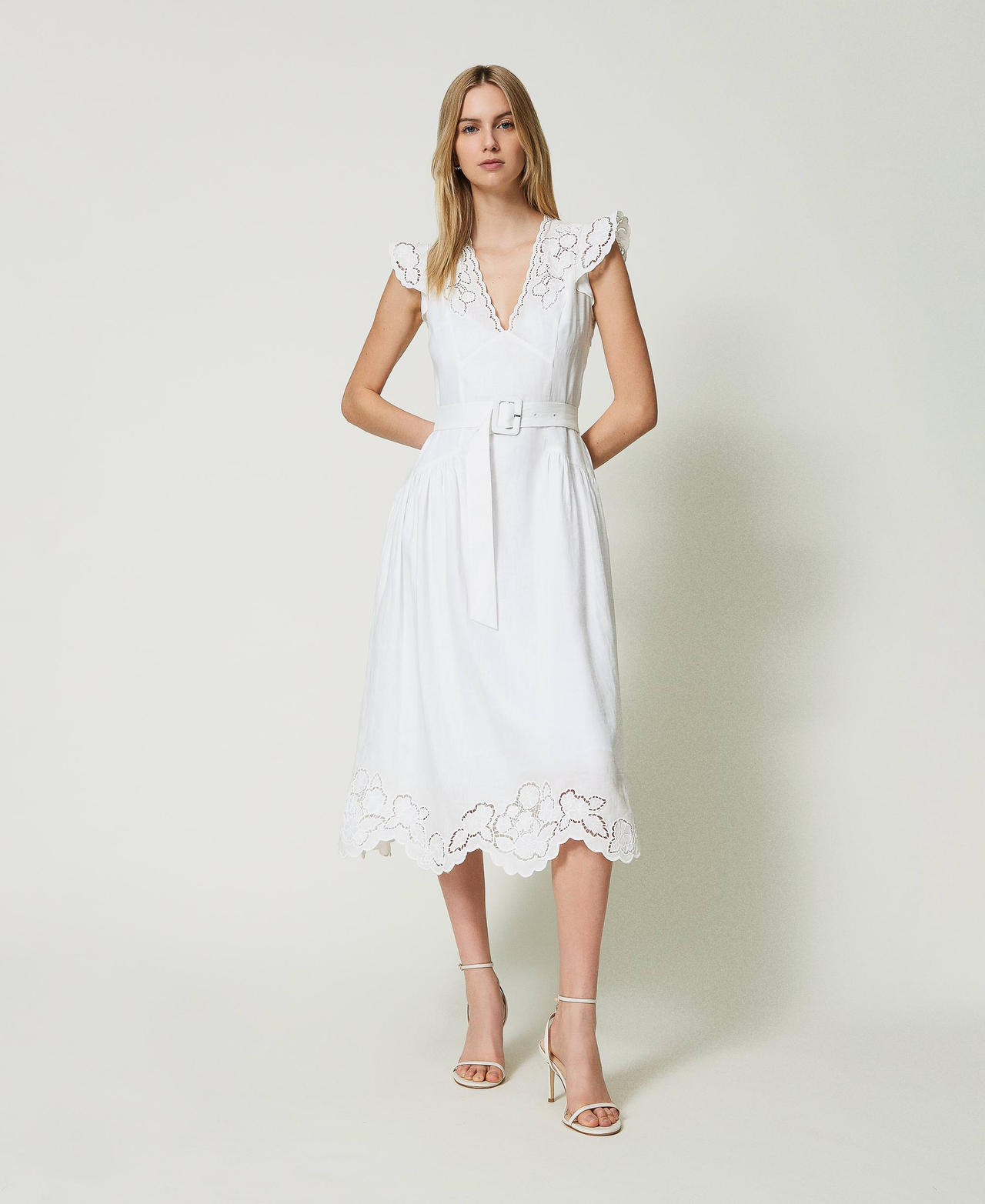 Midi linen dress with broderie anglaise Woman, White | TWINSET Milano