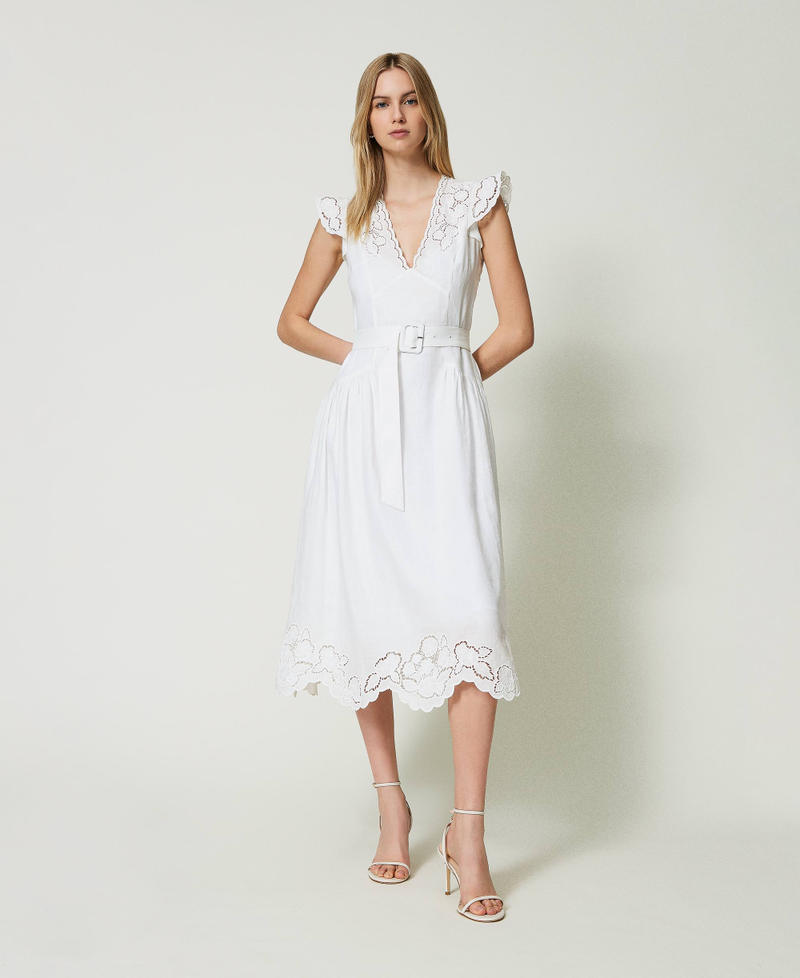 Midi linen dress with broderie anglaise White Woman 241TT2330_00001_01