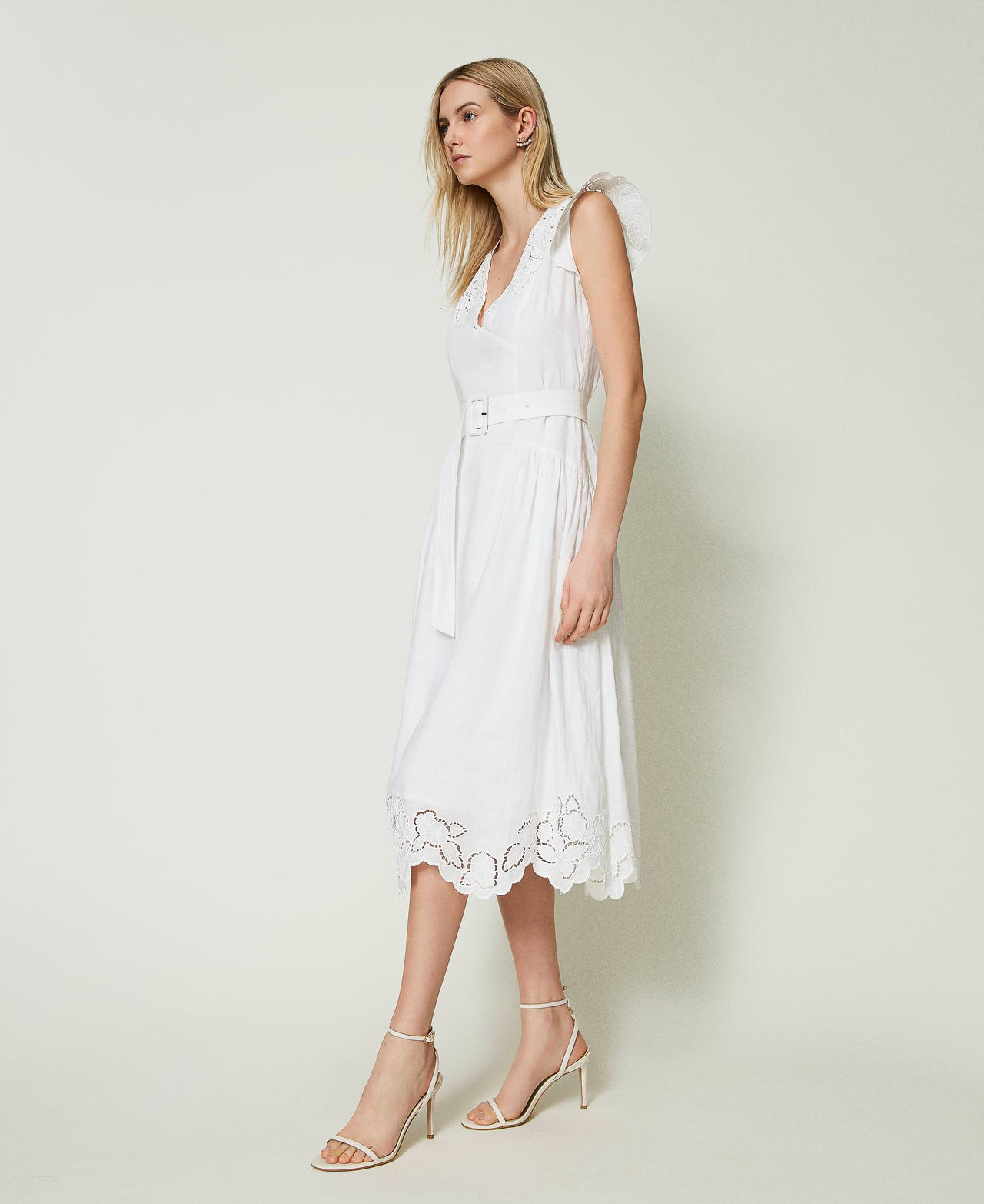 Midi linen dress with broderie anglaise White Woman 241TT2330_00001_02