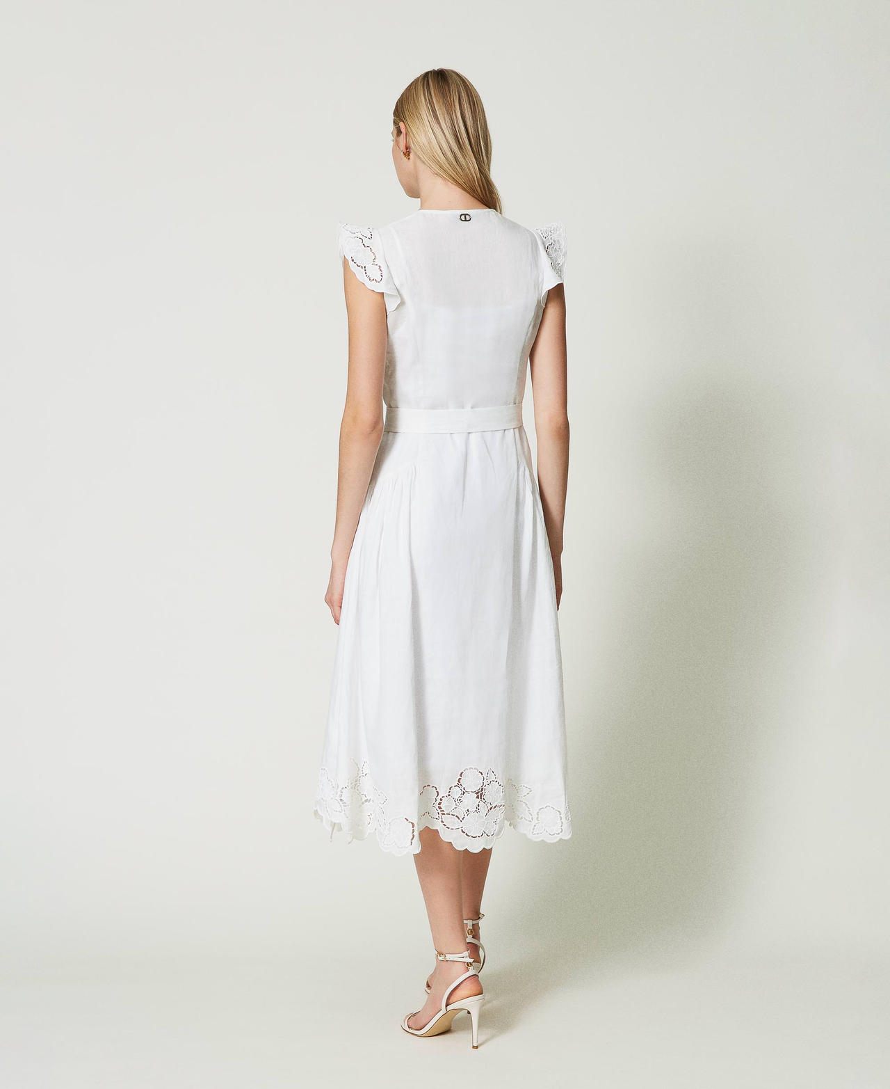 Midi linen dress with broderie anglaise
