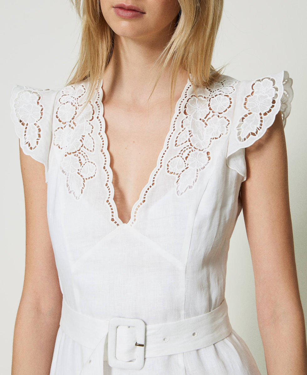 Midi linen dress with broderie anglaise