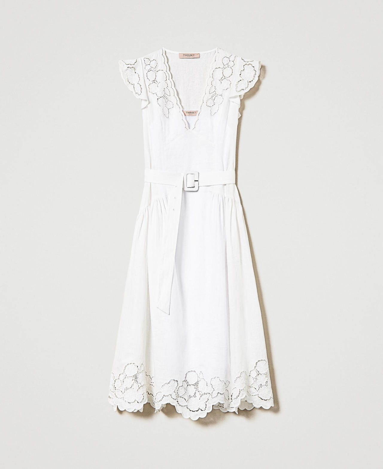 Midi linen dress with broderie anglaise White Woman 241TT2330_00001_0S