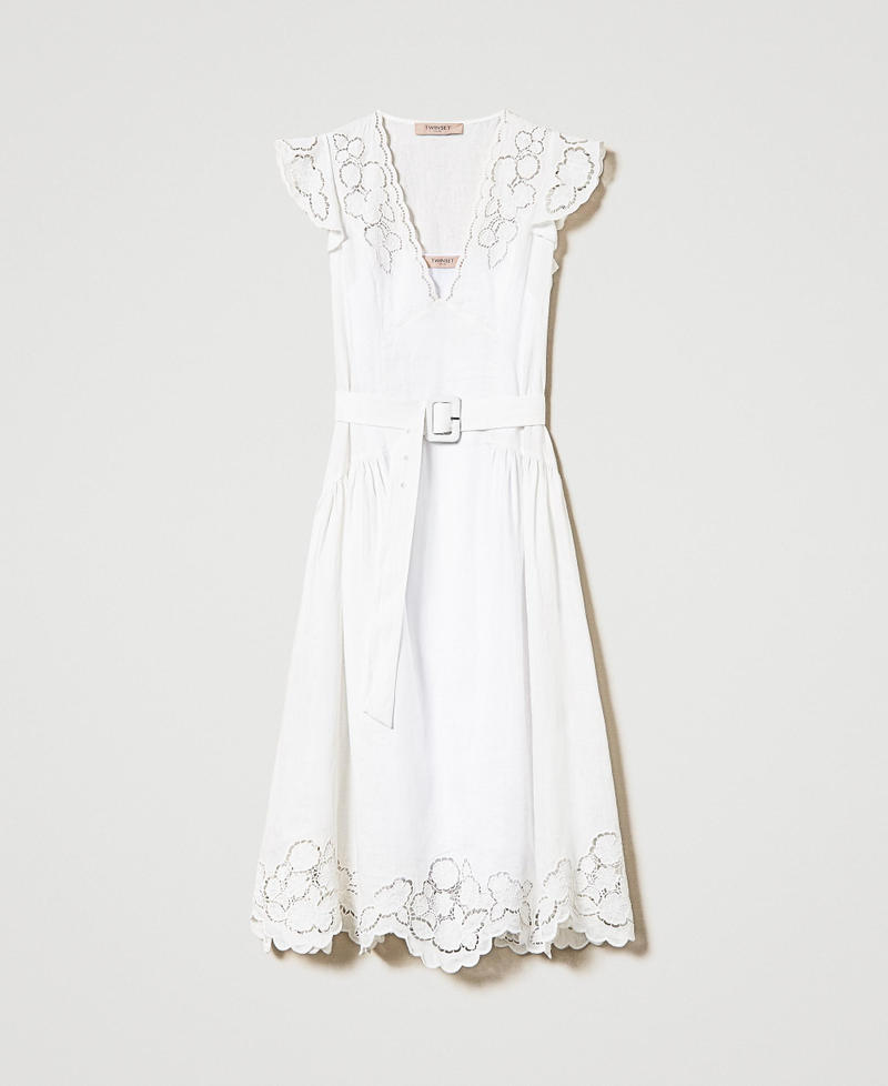 Midi linen dress with broderie anglaise White Woman 241TT2330-0S