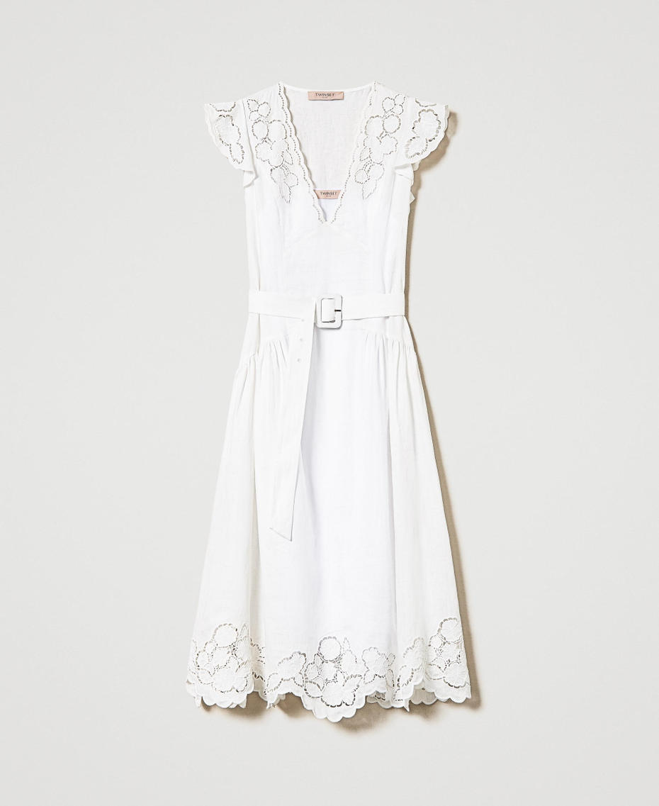 Midi linen dress with broderie anglaise