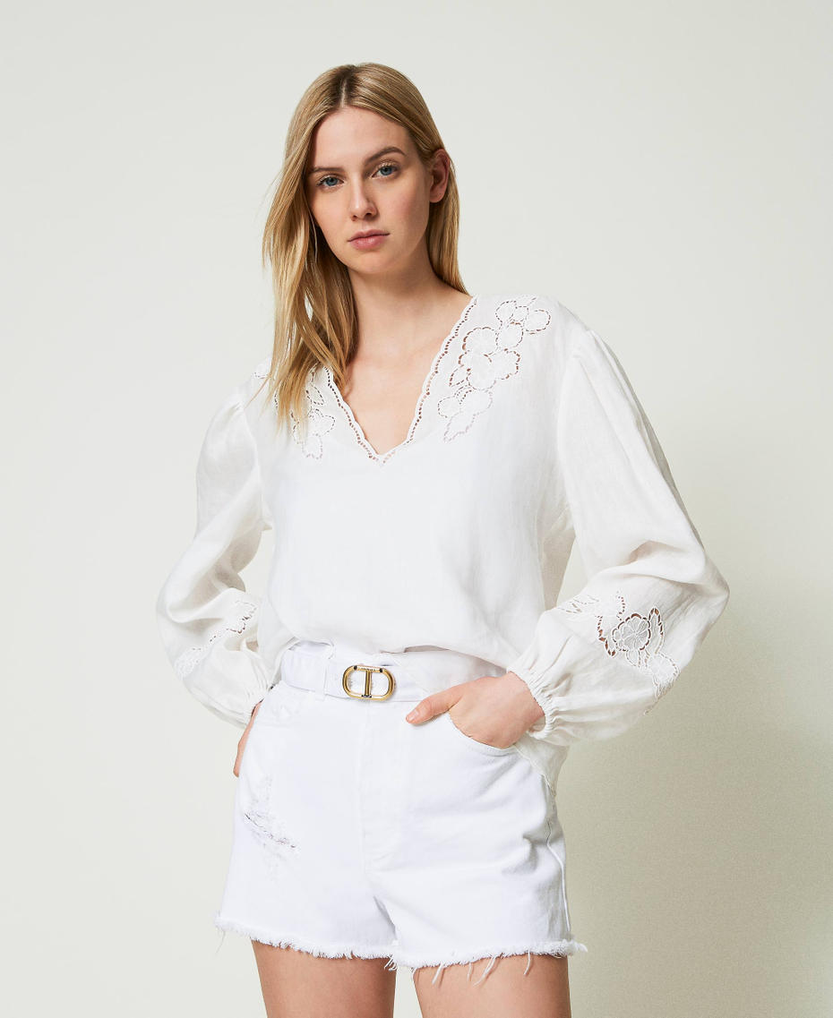 Blusa de lino con bordado de bordado inglés Blanco Mujer 241TT2333-01