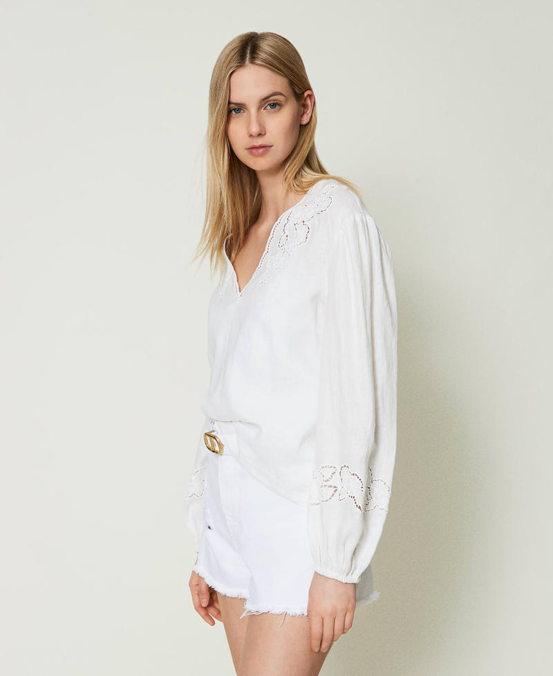 Blusa de lino con bordado de bordado inglés Blanco Mujer 241TT2333-02