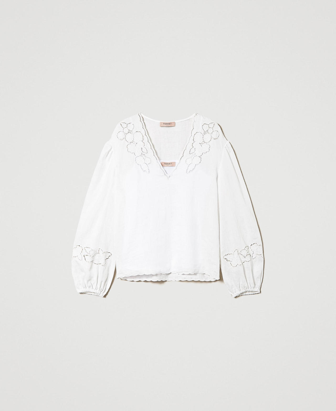 Linen blouse with broderie anglaise White Woman 241TT2333-0S