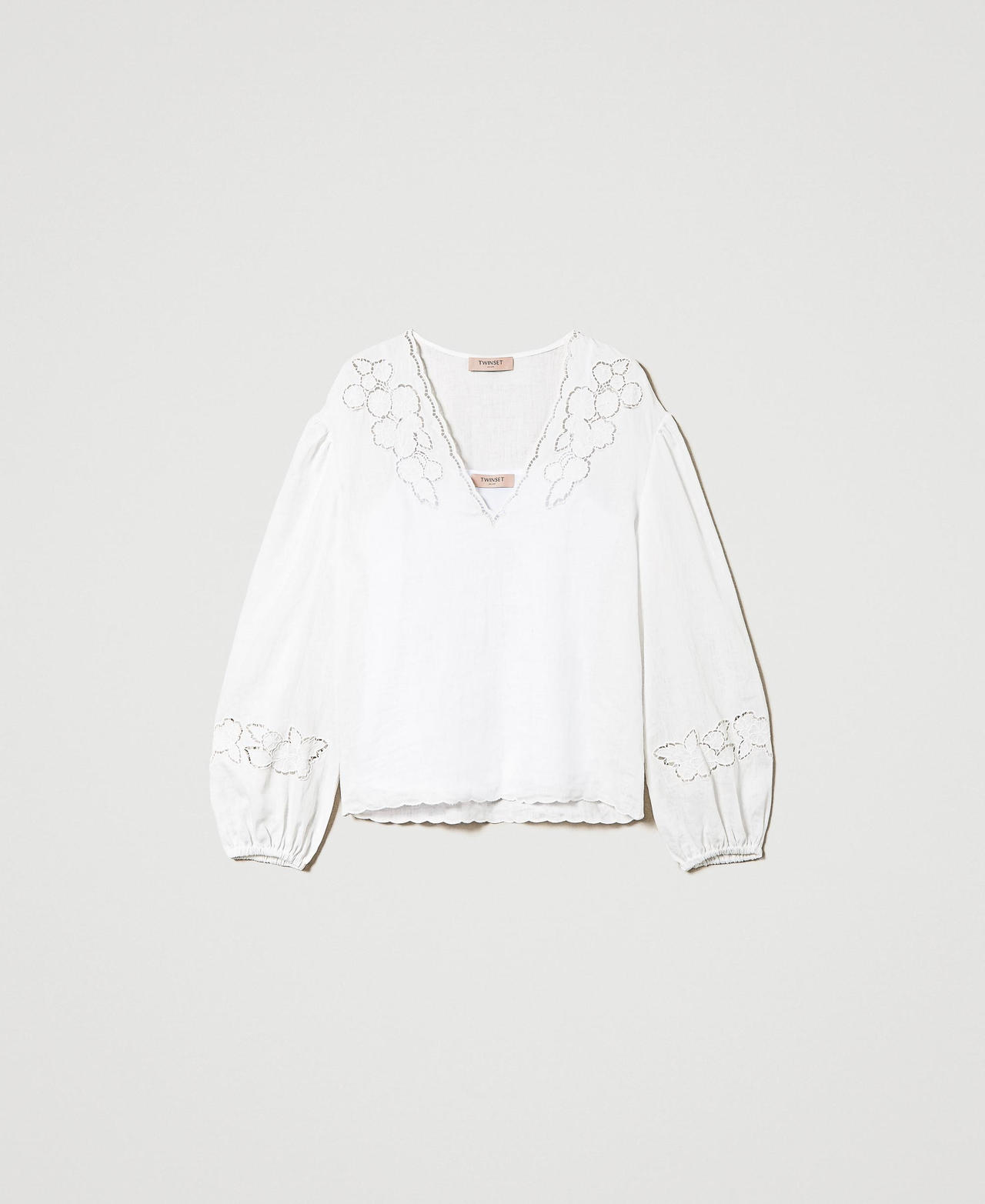 Linen blouse with broderie anglaise White Woman 241TT2333_00001_0S