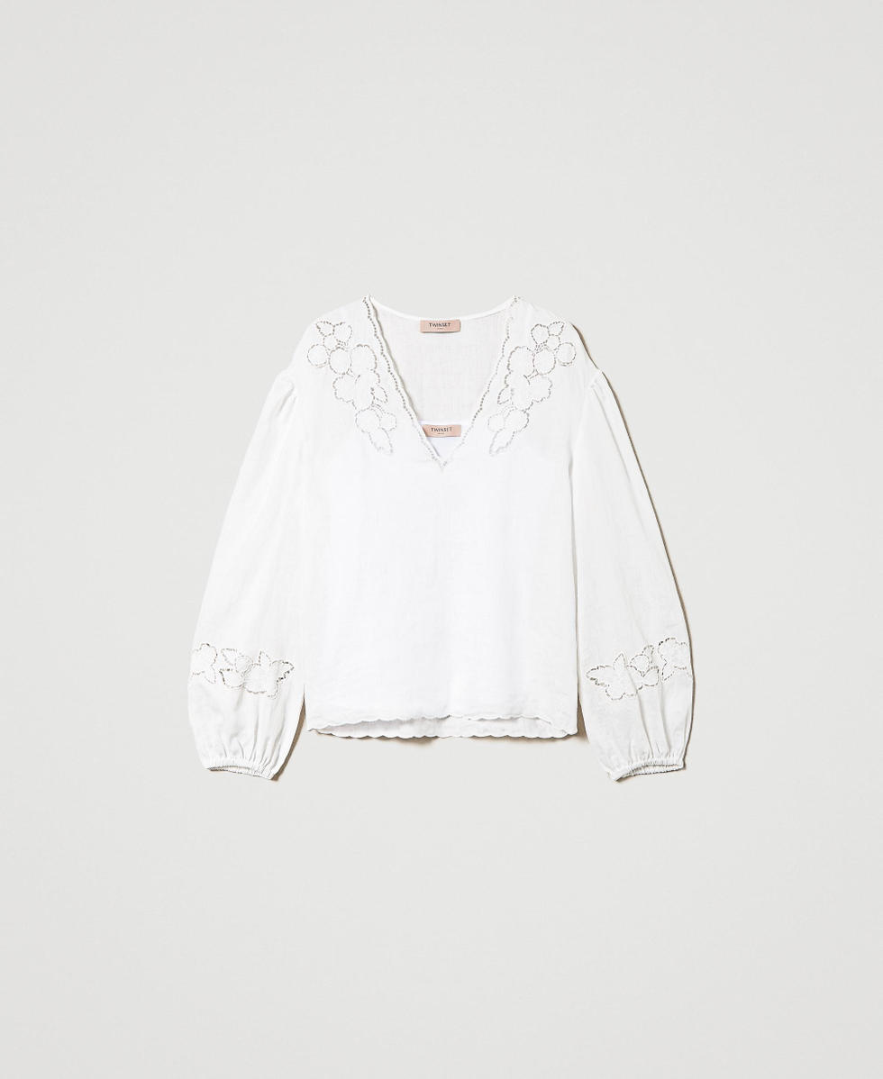 Blouse en lin avec broderie anglaise Blanc Femme 241TT2333_00001_S0