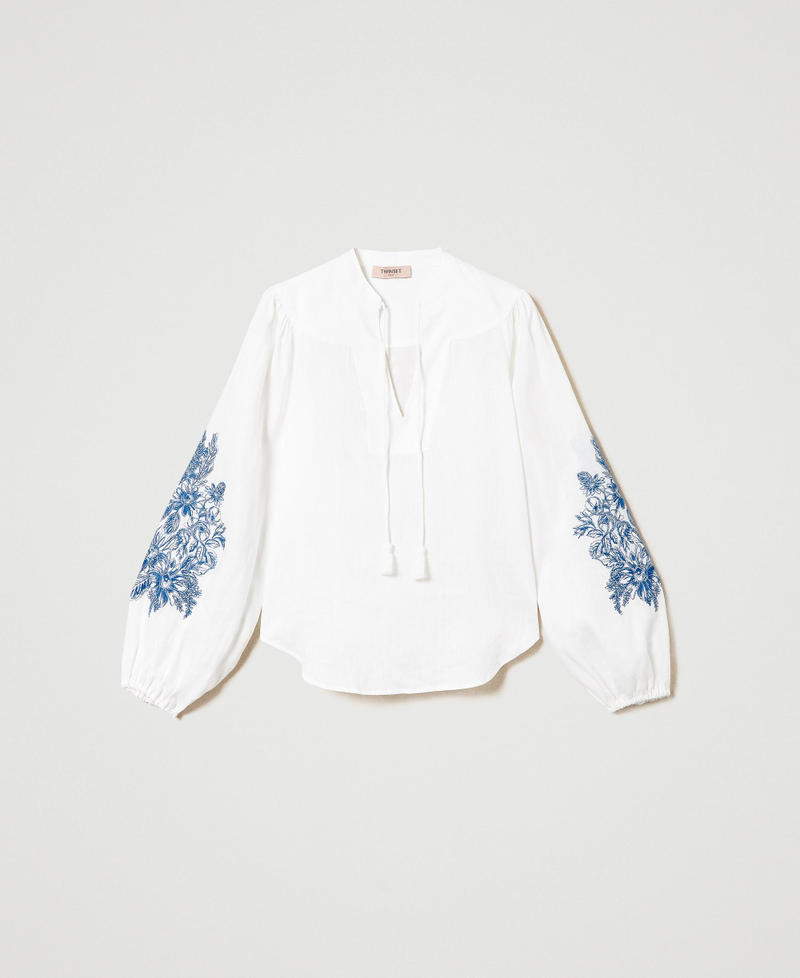 Linen blouse with floral embroidery Blue Flower / White Embroidery Woman 241TT2342-0S