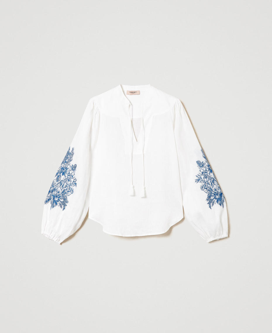 Blusa de lino con bordado floral Bordado Flor Azul / Blanca Mujer 241TT2342-0S