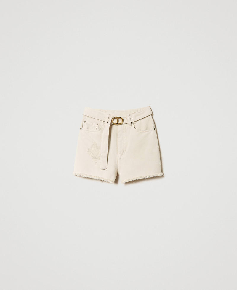 Shorts aus Bull-Denim mit „Oval T“-Gürtel „Parchment“-Beige Frau 241TT2382-0S