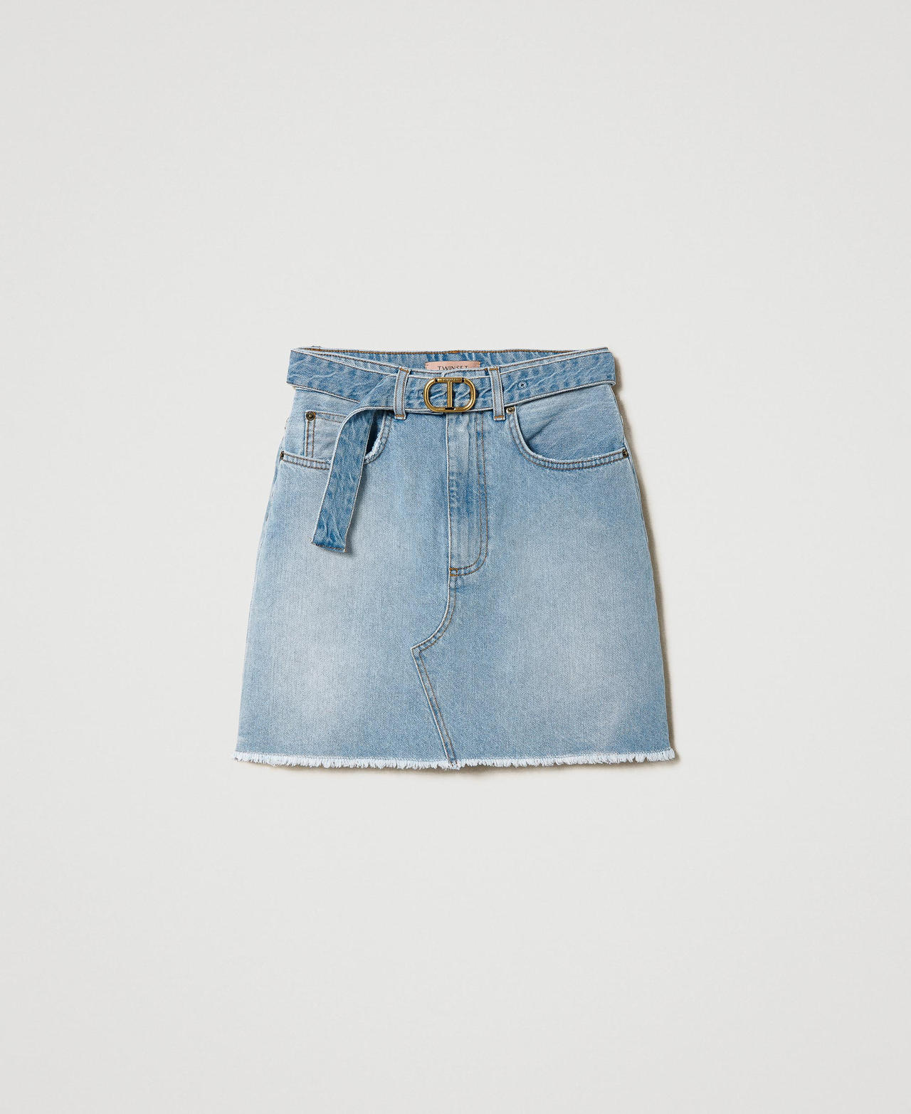 Denim miniskirt with Oval T belt