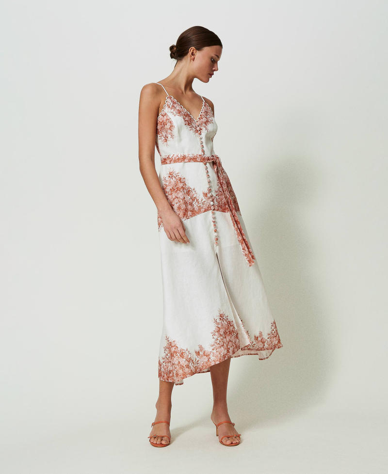 Midi linen dress with floral print Toile De Jouy Snow / Papaya Print Woman 241TT2400-01
