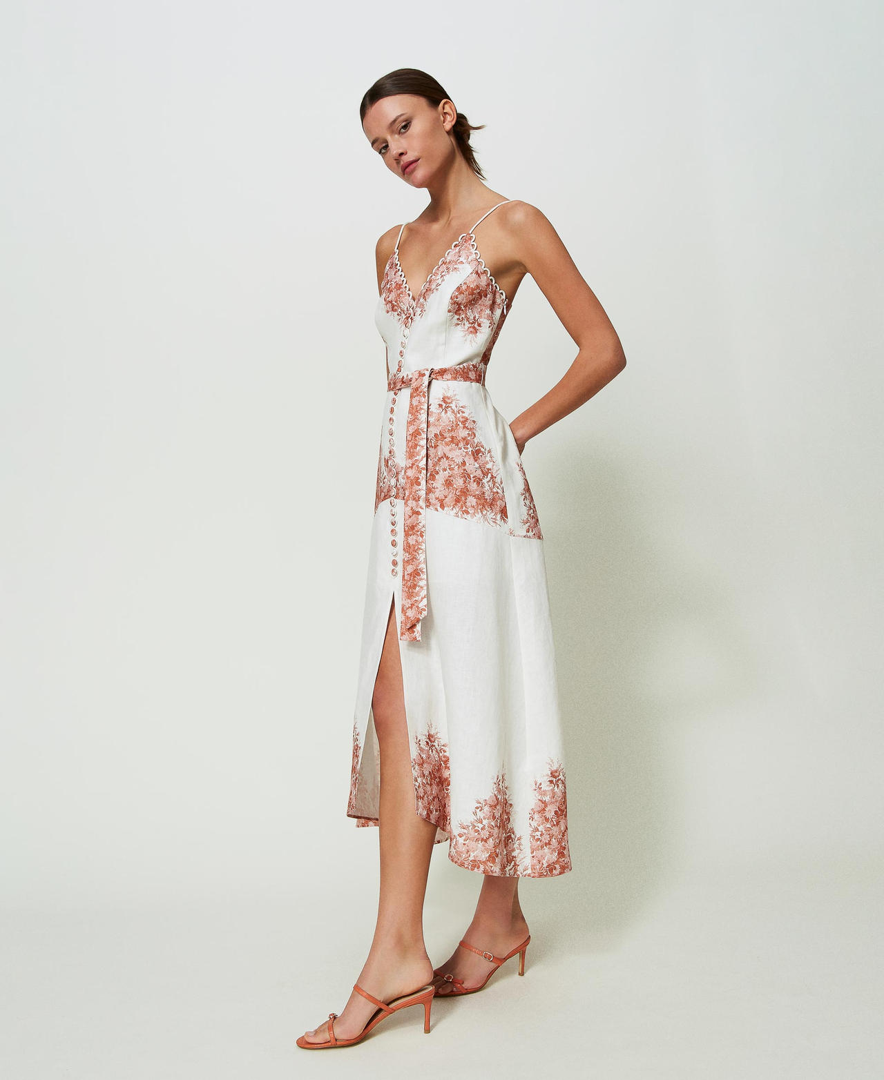 Midi linen dress with floral print Toile De Jouy Snow / Papaya Print Woman 241TT2400-02