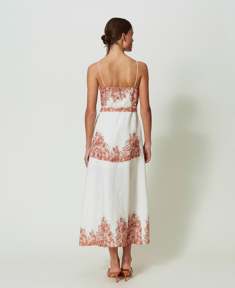 Midi linen dress with floral print Toile De Jouy Snow / Papaya Print Woman 241TT2400-03