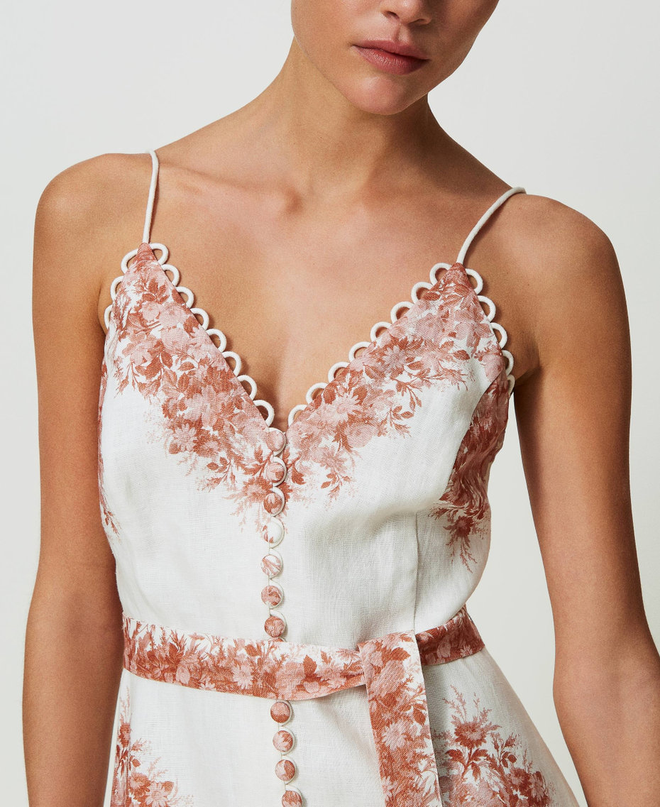 Midi linen dress with floral print Toile De Jouy Snow / Papaya Print Woman 241TT2400-04