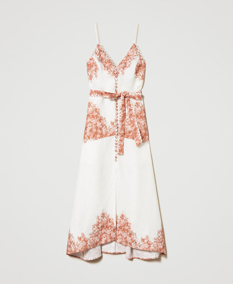 Midi linen dress with floral print Toile De Jouy Snow / Papaya Print Woman 241TT2400-0S