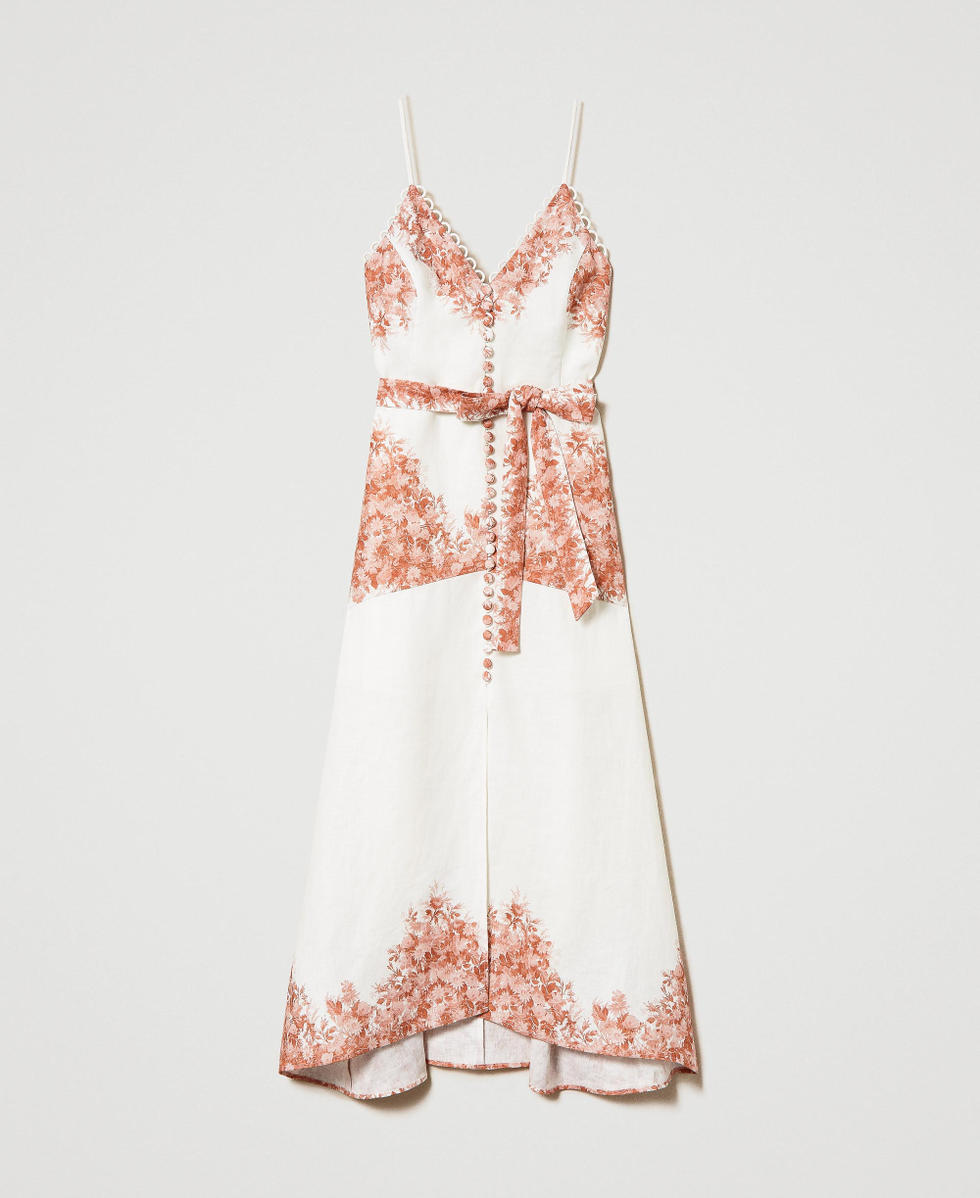 Midi linen dress with floral print Toile De Jouy Snow / Papaya Print Woman 241TT2400_11683_S0