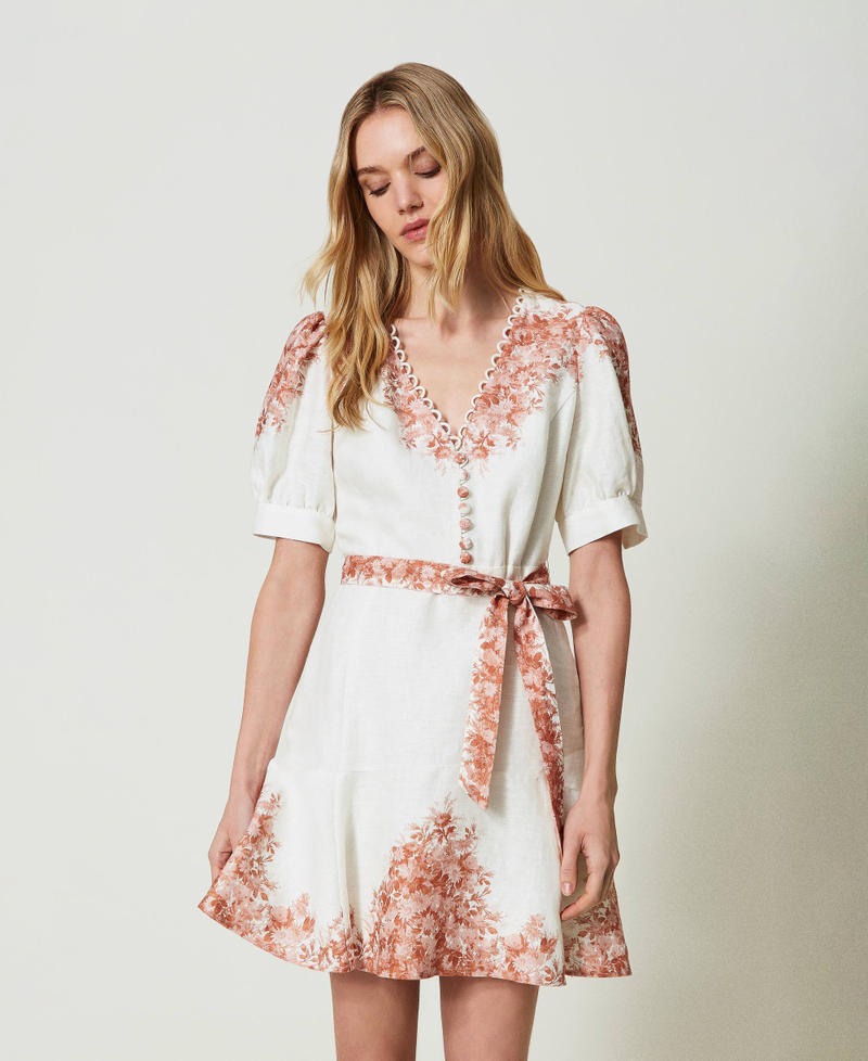 Short linen dress with floral print Toile De Jouy Snow / Papaya Print Woman 241TT2401-01