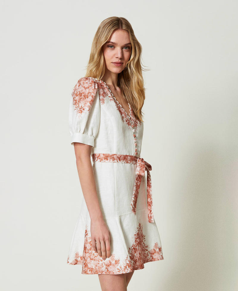 Short linen dress with floral print Toile De Jouy Snow / Papaya Print Woman 241TT2401-02