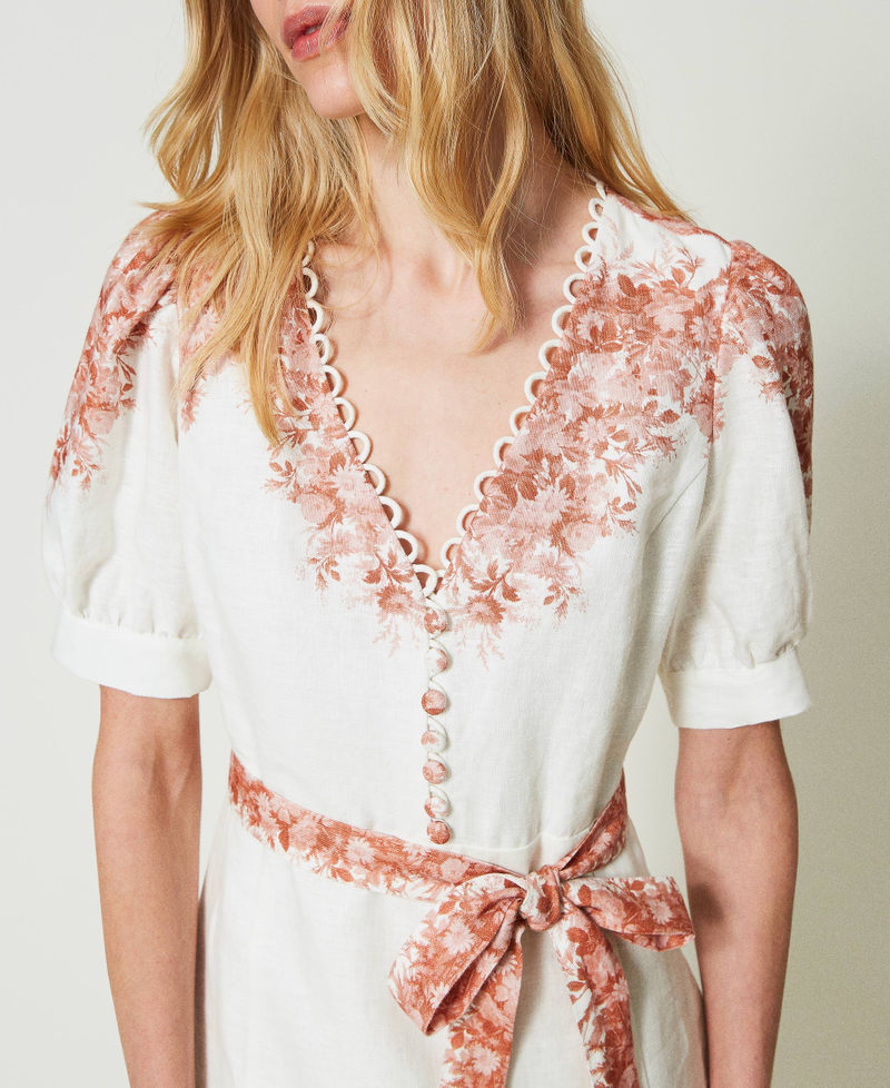 Robe courte en lin avec imprimé floral Imprimé Toile De Jouy Blanc Neige/Papaye Femme 241TT2401-04