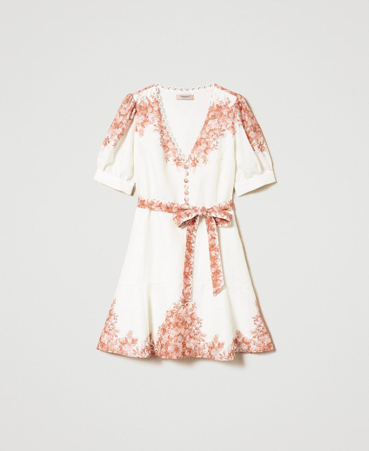 Short linen dress with floral print Toile De Jouy Snow / Papaya Print Woman 241TT2401_11683_0S