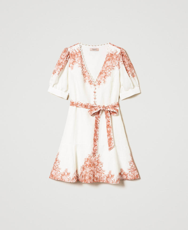 Short linen dress with floral print Toile De Jouy Snow / Papaya Print Woman 241TT2401_11683_0S