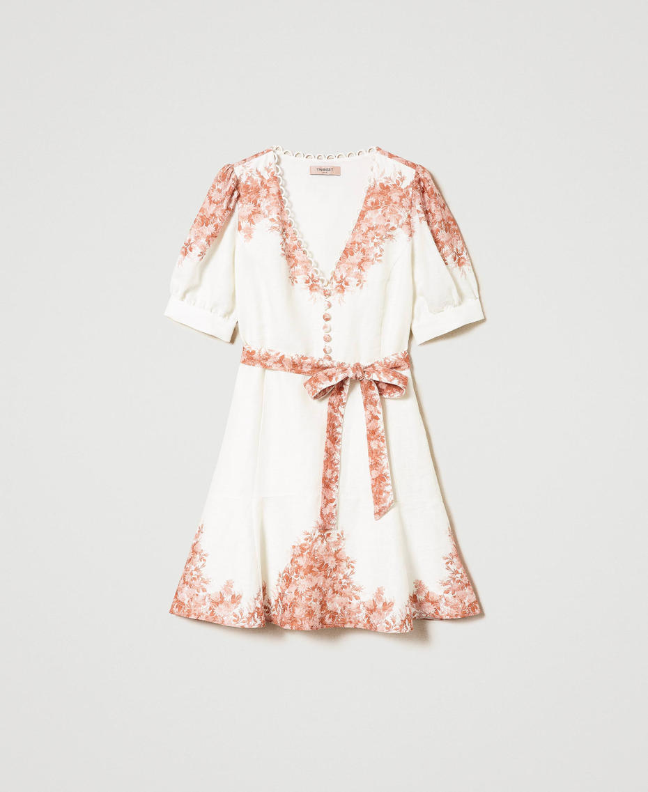 Short linen dress with floral print Toile De Jouy Snow / Papaya Print Woman 241TT2401_11683_S0