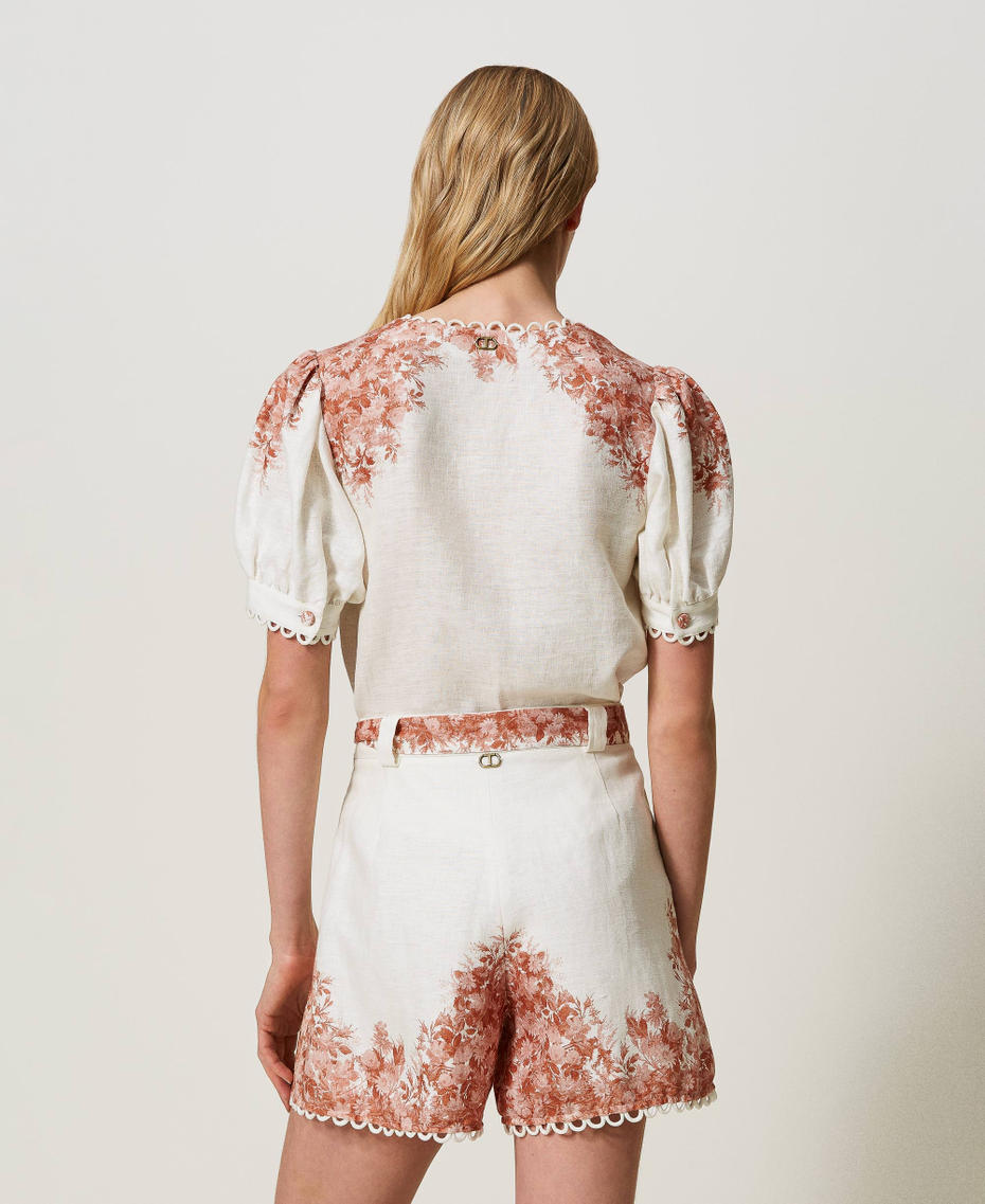 Linen blouse with floral print Toile De Jouy Snow / Papaya Print Woman 241TT2402-03