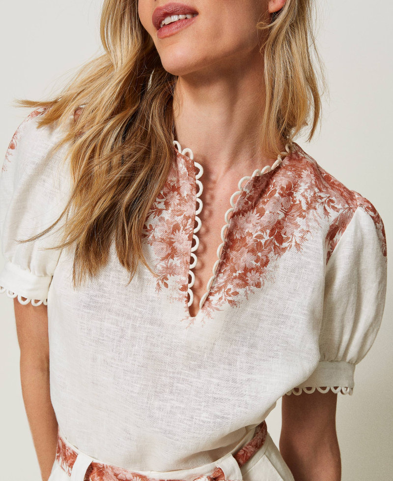Linen blouse with floral print Toile De Jouy Snow / Papaya Print Woman 241TT2402-04