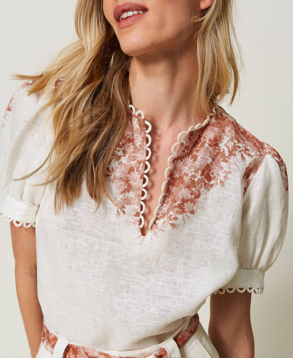 Blusa in lino con stampa a fiori Stampa Toile De Jouy Neve / Papaya Donna 241TT2402_11683_04