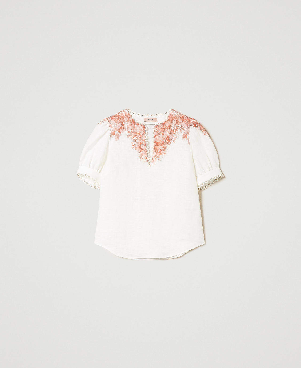 Linen blouse with floral print Toile De Jouy Snow / Papaya Print Woman 241TT2402-0S