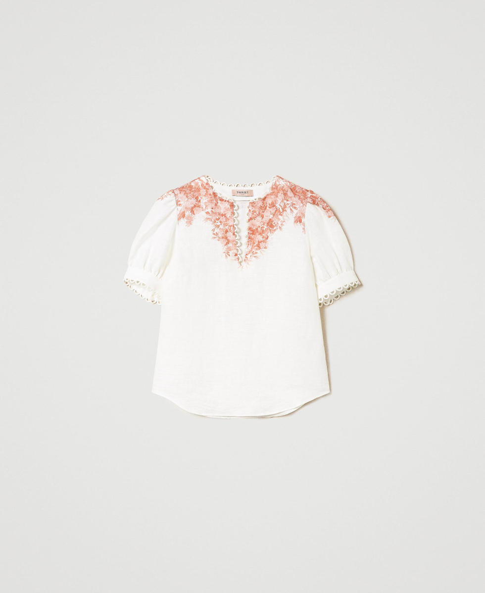 Blusa in lino con stampa a fiori Stampa Toile De Jouy Neve / Papaya Donna 241TT2402_11683_S0