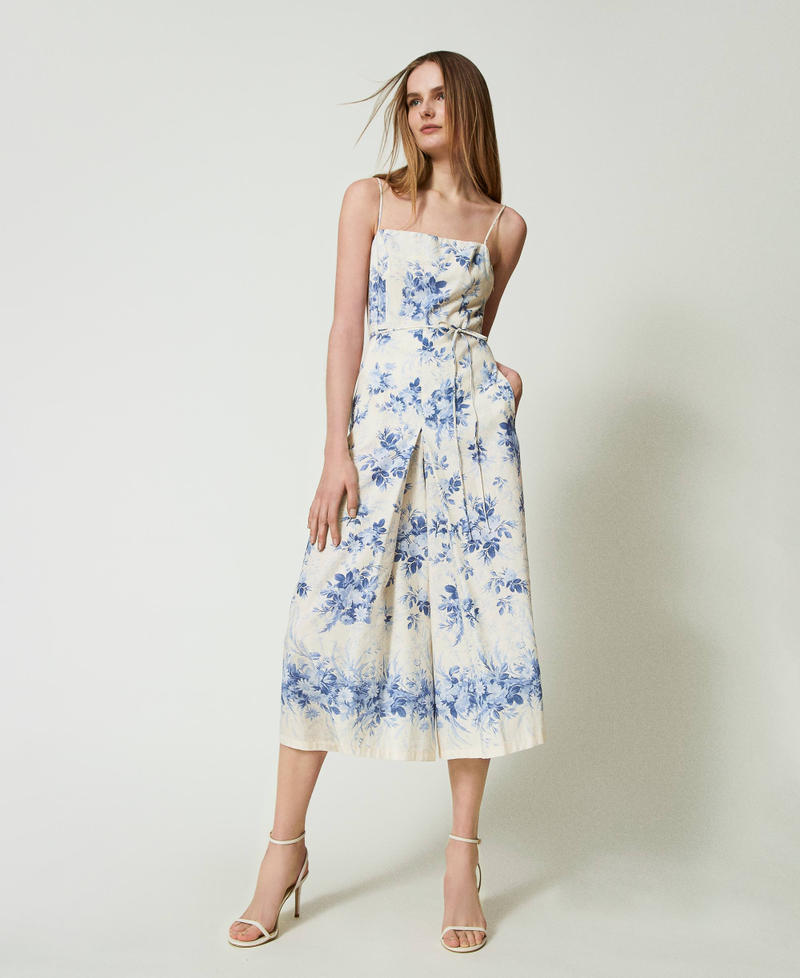 Linen blend jumpsuit with floral print Ivory Toile de Jouy / Blue Calcedonie Print Woman 241TT2420-02