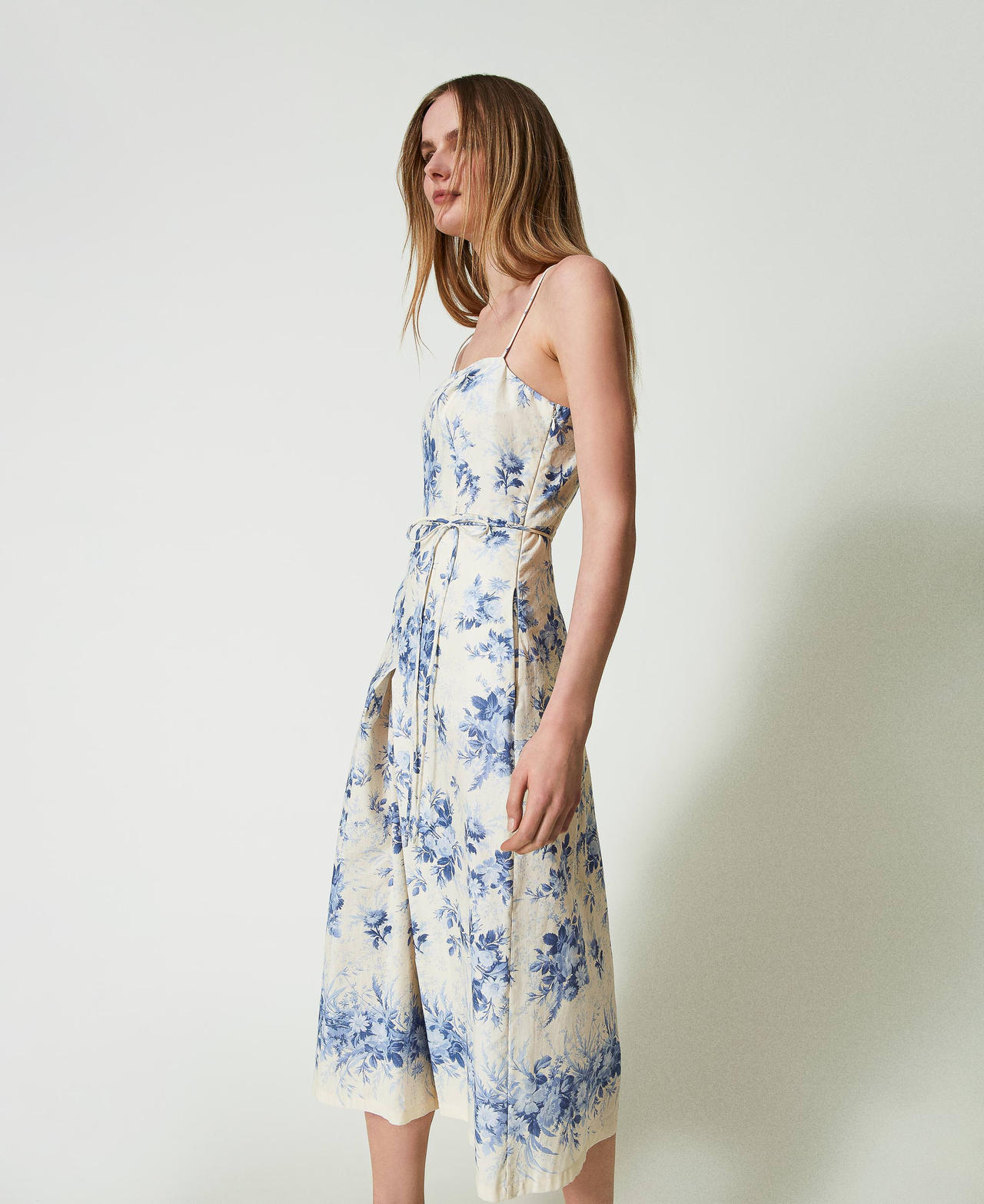 Combinaison en lin m&eacute;lang&eacute; avec imprim&eacute; floral Imprim&eacute; Toile De Jouy Ivoire/Bleu Calc&eacute;doine Femme 241TT2420_11679_03