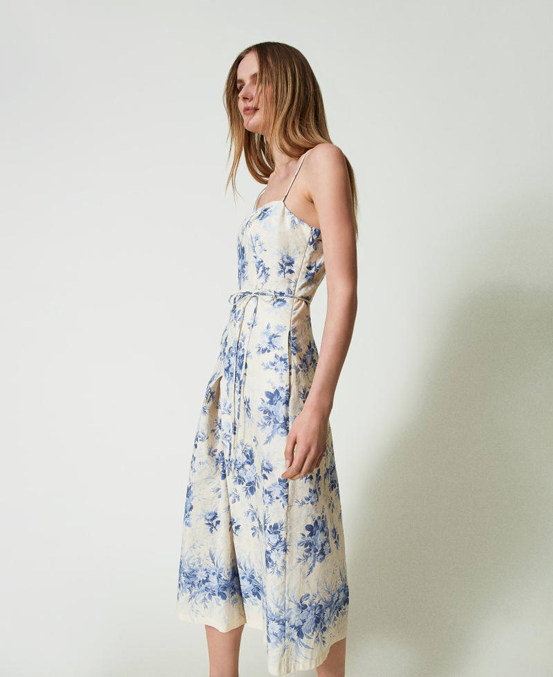 Linen blend jumpsuit with floral print Ivory Toile de Jouy / Blue Calcedonie Print Woman 241TT2420-03
