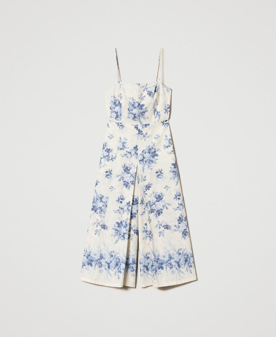 Linen blend jumpsuit with floral print Ivory Toile de Jouy / Blue Calcedonie Print Woman 241TT2420-0S