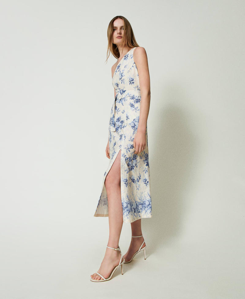 Midi one-shoulder dress with floral print Ivory Toile de Jouy / Blue Calcedonie Print Woman 241TT2422-01