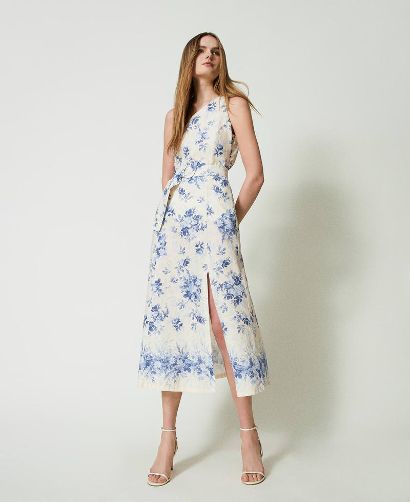 Midi one-shoulder dress with floral print Ivory Toile de Jouy / Blue Calcedonie Print Woman 241TT2422-02