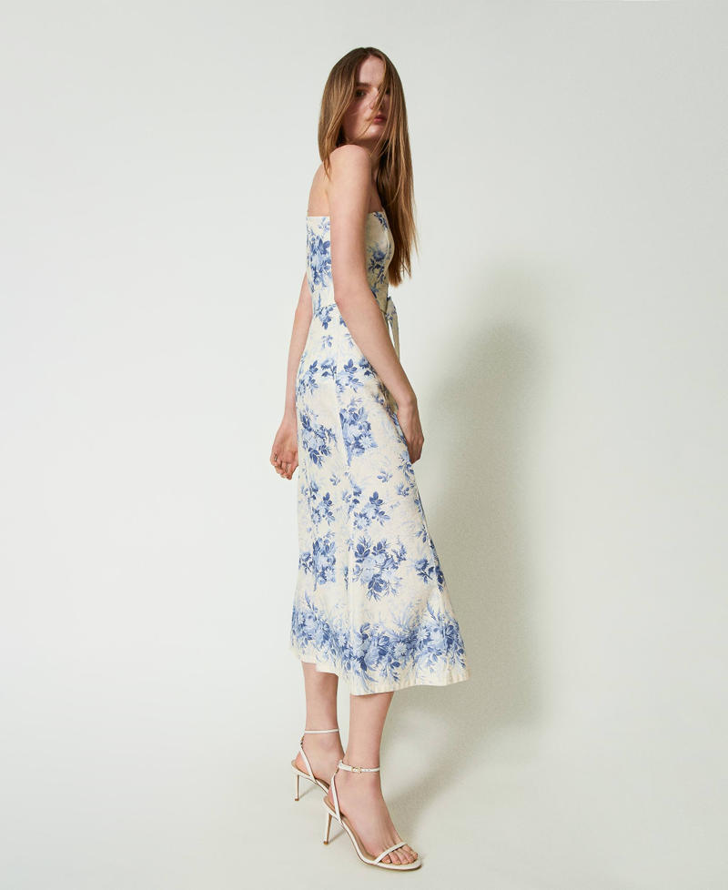 Midi one-shoulder dress with floral print Ivory Toile de Jouy / Blue Calcedonie Print Woman 241TT2422-03