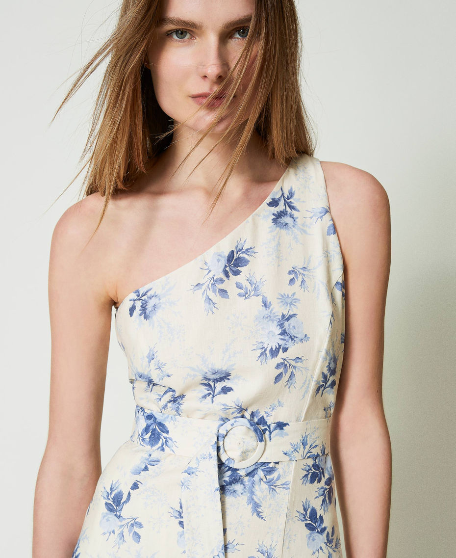 Midi one-shoulder dress with floral print Ivory Toile de Jouy / Blue Calcedonie Print Woman 241TT2422-05