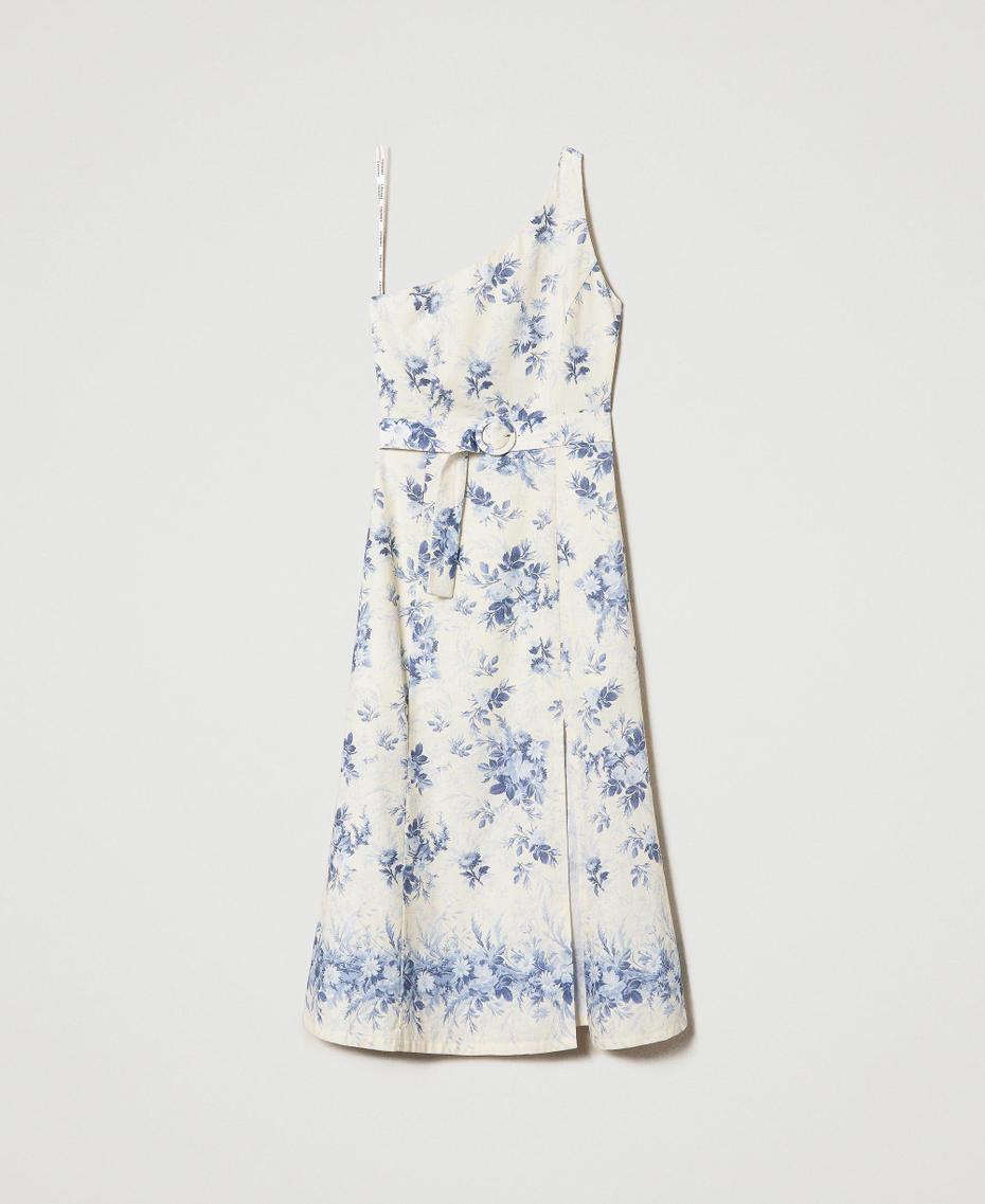 Midi one-shoulder dress with floral print Ivory Toile de Jouy / Blue Calcedonie Print Woman 241TT2422-0S