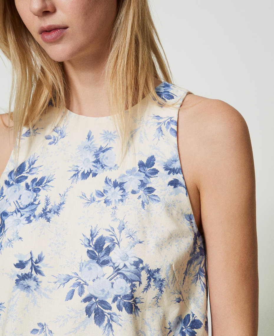 Short linen blend dress with floral print Ivory Toile de Jouy / Blue Calcedonie Print Woman 241TT2424-04