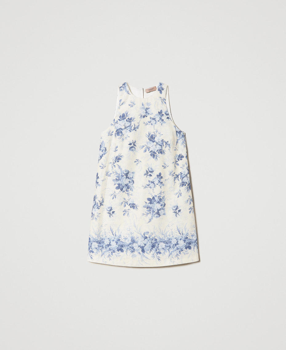 Kurzes Kleid aus Leinenmischung mit Blumenprint Print Toile de Jouy Elfenbein / Blue Chalcedonie Frau 241TT2424-0S