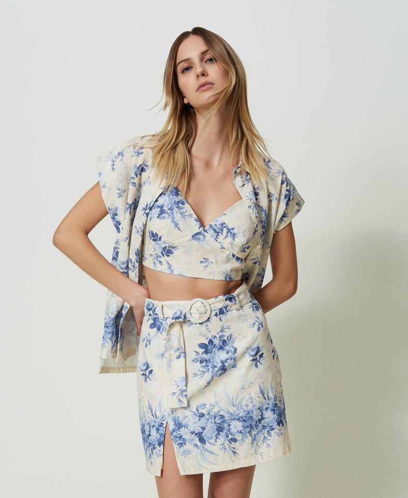 Linen blend miniskirt with floral print Ivory Toile de Jouy / Blue Calcedonie Print Woman 241TT2425-01