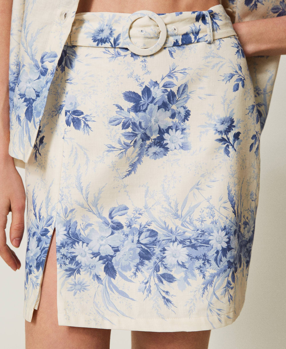 Linen blend miniskirt with floral print Ivory Toile de Jouy / Blue Calcedonie Print Woman 241TT2425-04
