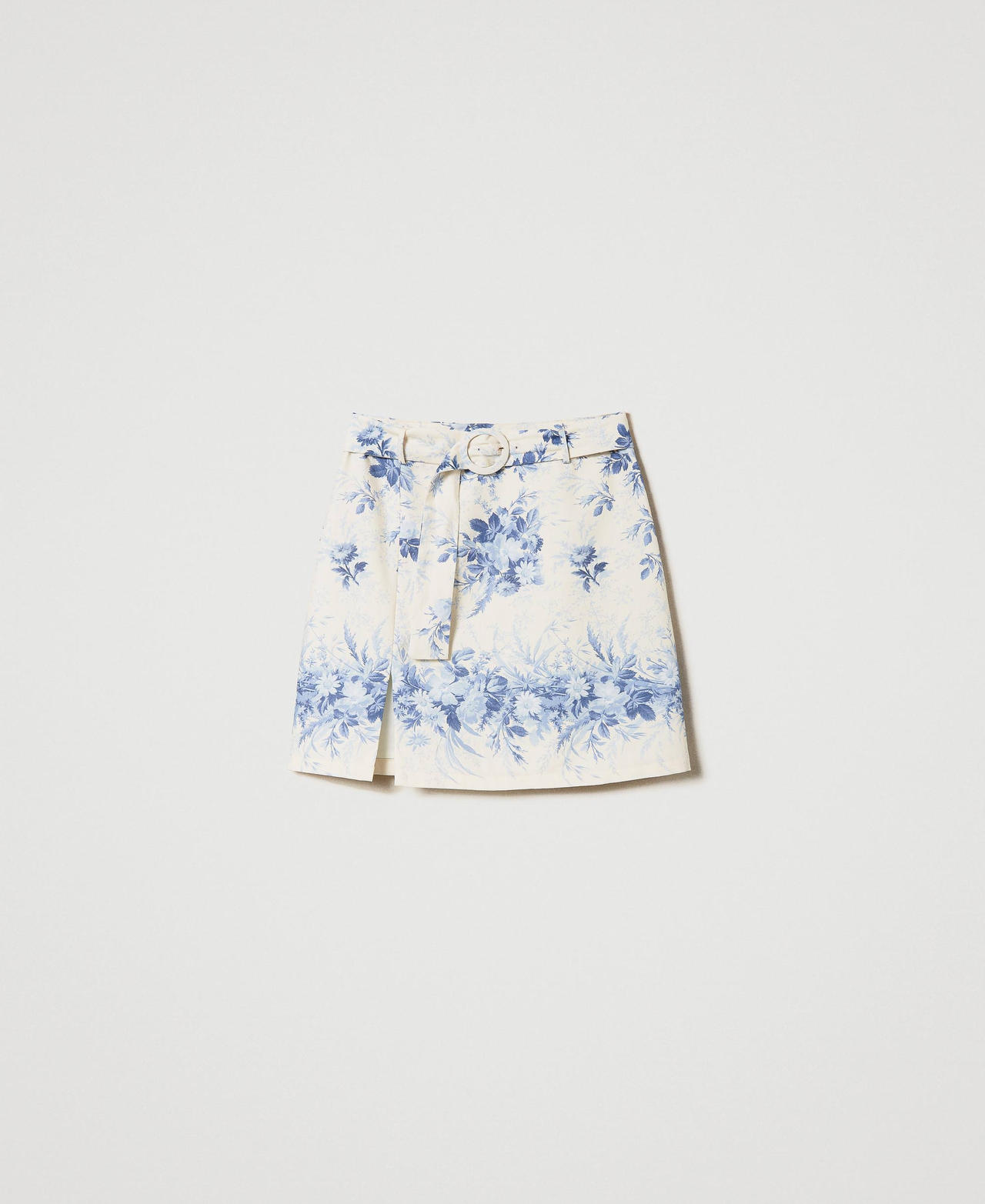 Linen blend miniskirt with floral print Ivory Toile de Jouy / Blue Calcedonie Print Woman 241TT2425-0S