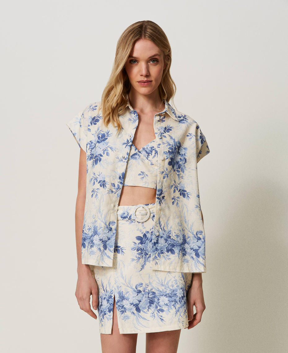 Linen blend shirt with floral print Ivory Toile de Jouy / Blue Calcedonie Print Woman 241TT2426-01