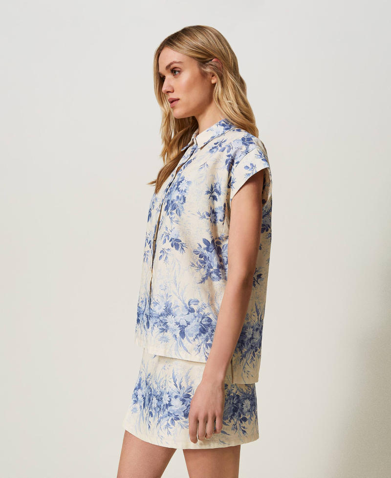 Linen blend shirt with floral print Ivory Toile de Jouy / Blue Calcedonie Print Woman 241TT2426-02